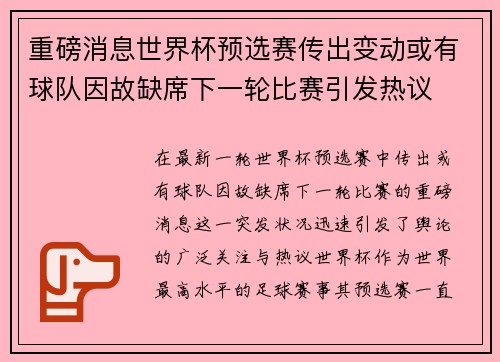 重磅消息世界杯预选赛传出变动或有球队因故缺席下一轮比赛引发热议